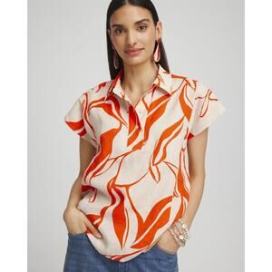 Chico's Tan and Orange 100 % Linen Swirls Popover Top Blouse Size 10